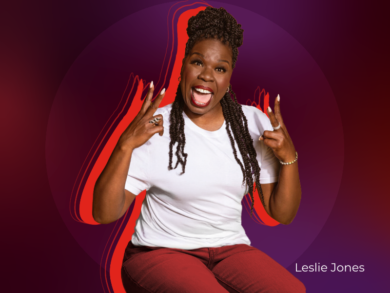 Celebrity, Leslie Jones is smiling and gesturing enthusiastically to promote Game Changers by Lenovo.