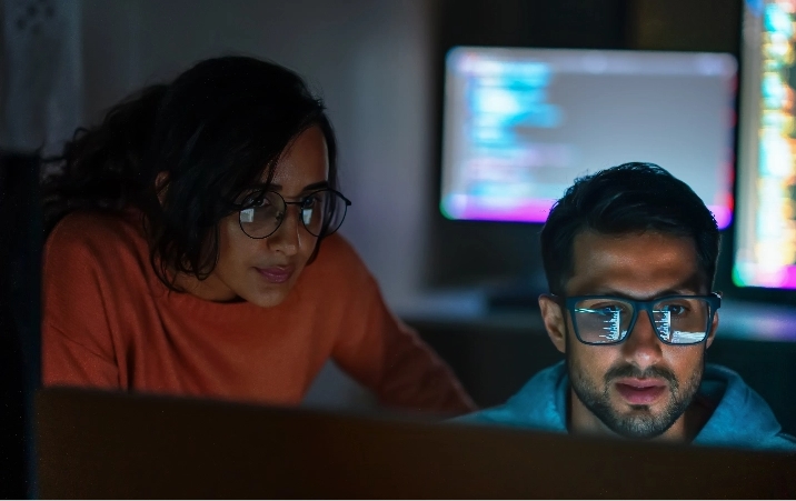 IT professionals looking at a computer.